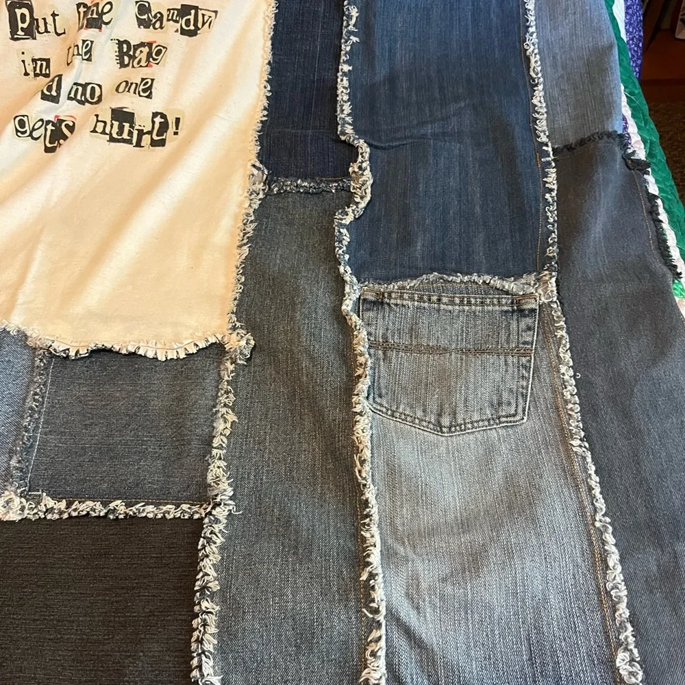 Beautiful handmade denim quilt -Halloween-put the candy in the bag and no one